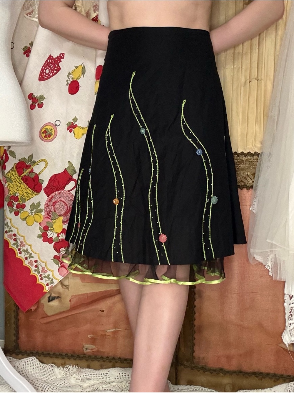 Vintage 90’s Lapis Black A-Line Skirt with Neon Green Embroidery